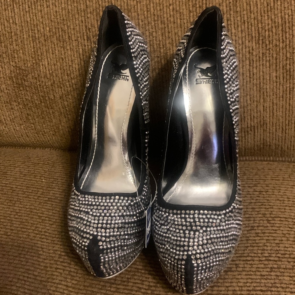 Brand new black rhinestone and silver bead studded pumps